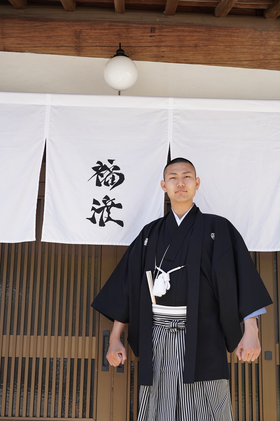 Yoshifuku Hirata at the entrance to Fukuwatari Tei